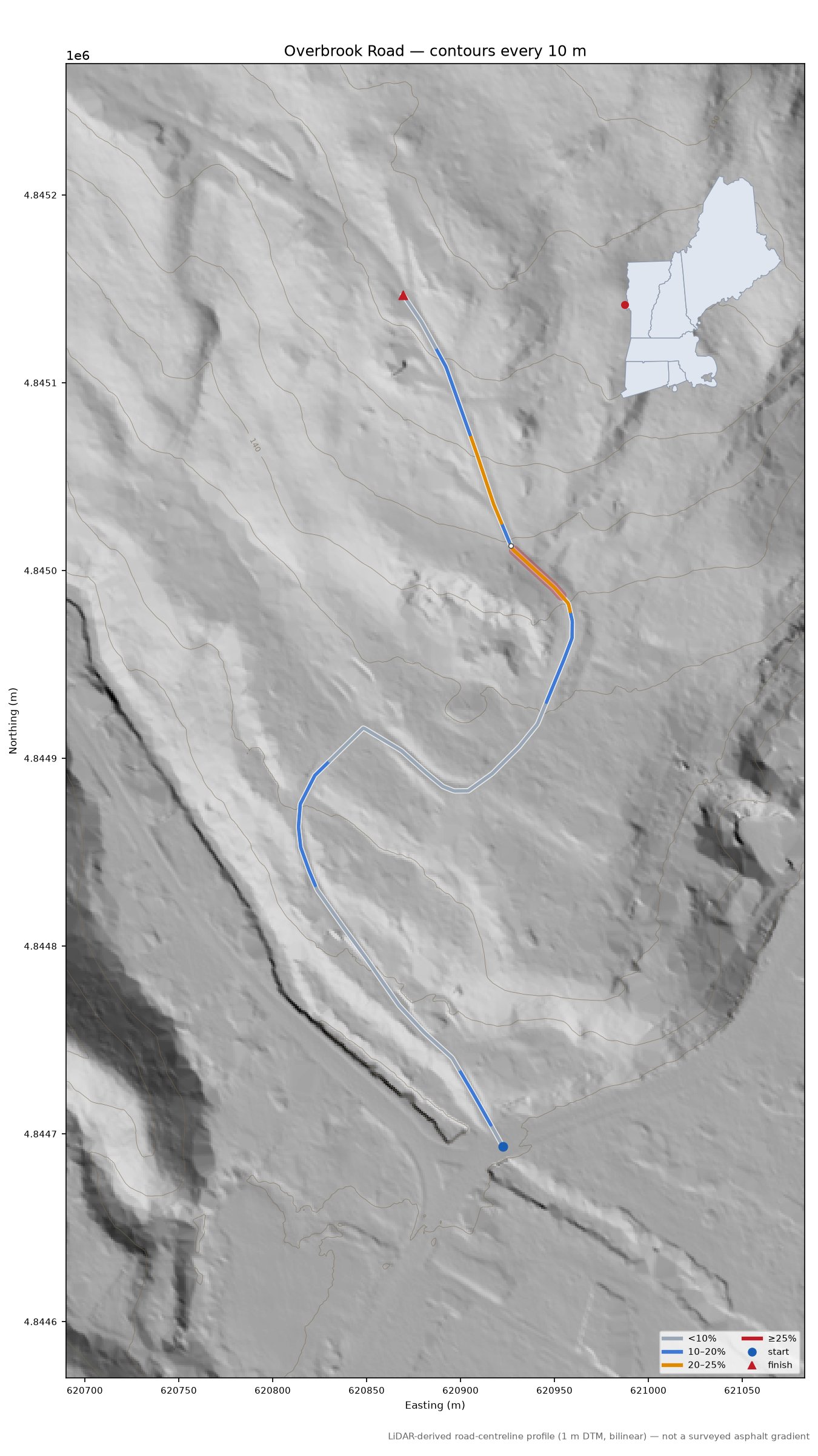 Overbrook Road LiDAR hillshade map with contours