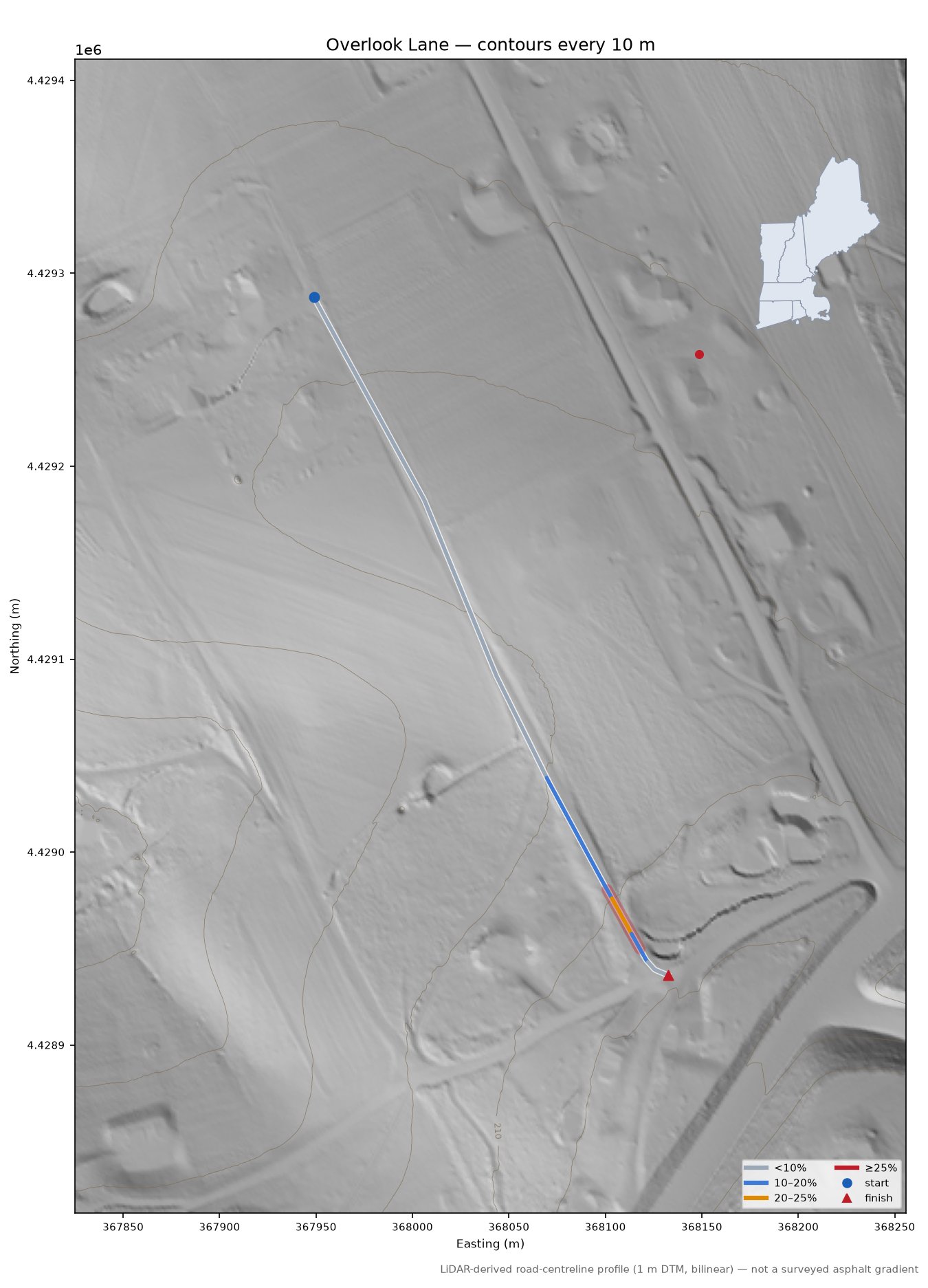Overlook Lane LiDAR hillshade map with contours