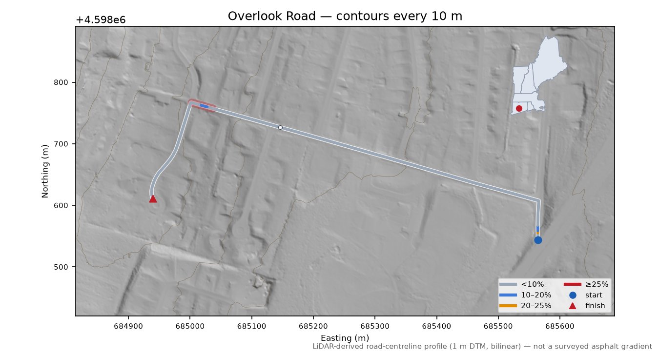 Overlook Road LiDAR hillshade map with contours
