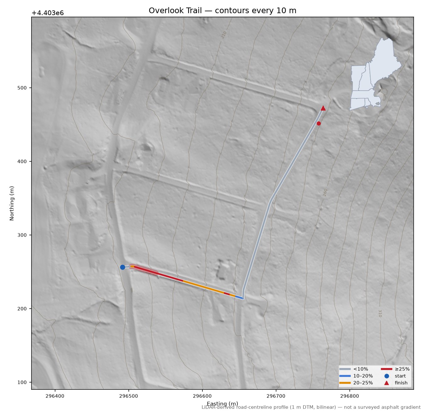Overlook Trail LiDAR hillshade map with contours