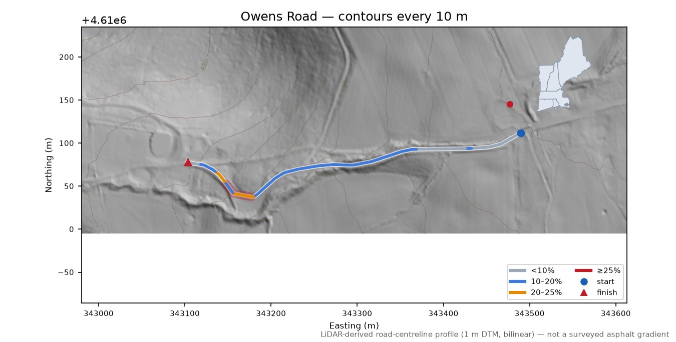 Owens Road LiDAR hillshade map with contours