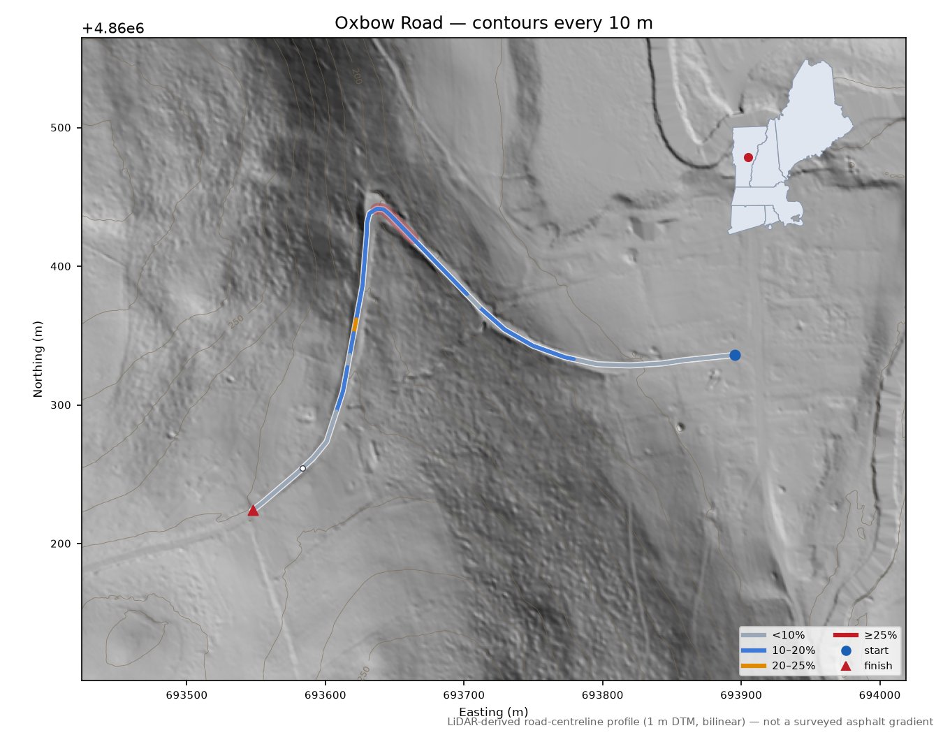 Oxbow Road LiDAR hillshade map with contours
