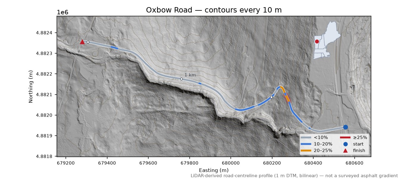 Oxbow Road LiDAR hillshade map with contours