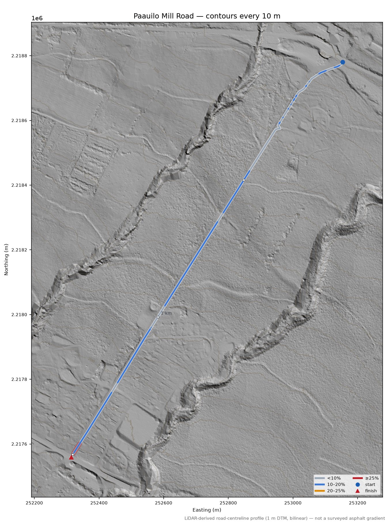Paauilo Mill Road LiDAR hillshade map with contours