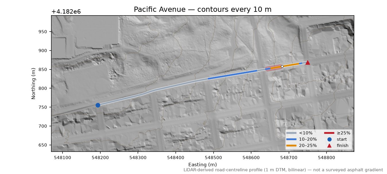 Pacific Avenue LiDAR hillshade map with contours