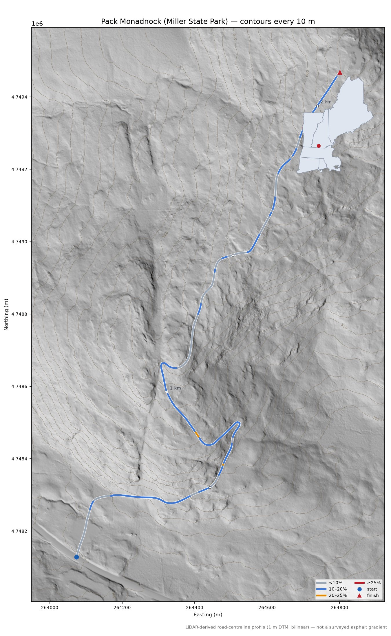 Pack Monadnock (Miller State Park) LiDAR hillshade map with contours