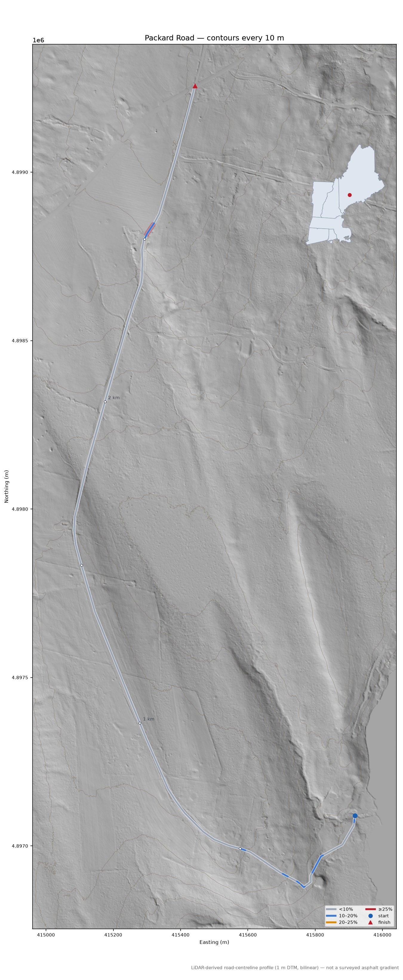 Packard Road LiDAR hillshade map with contours