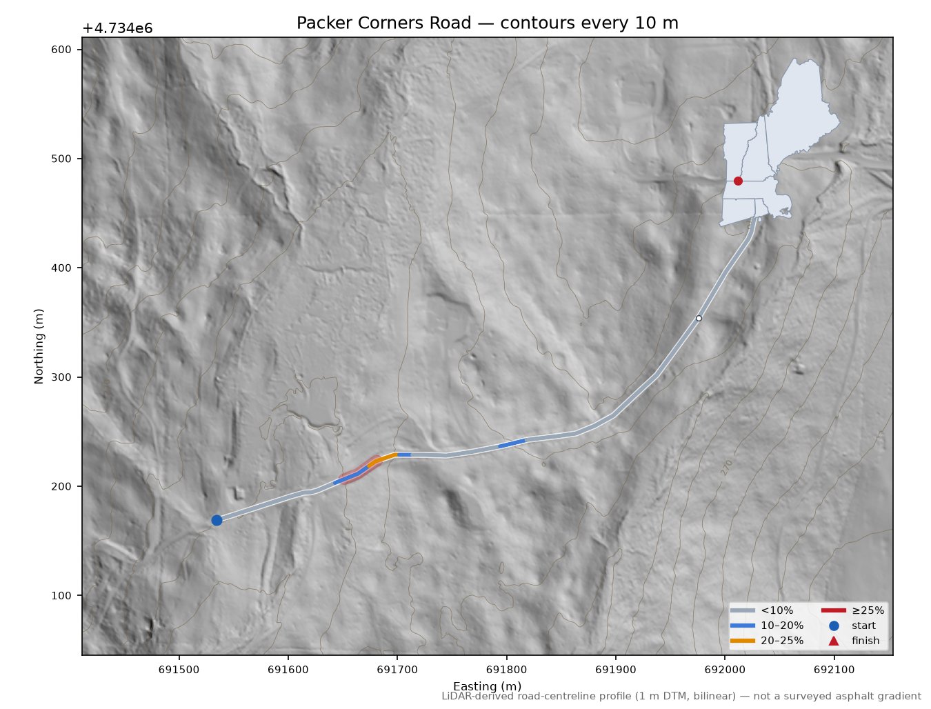 Packer Corners Road LiDAR hillshade map with contours