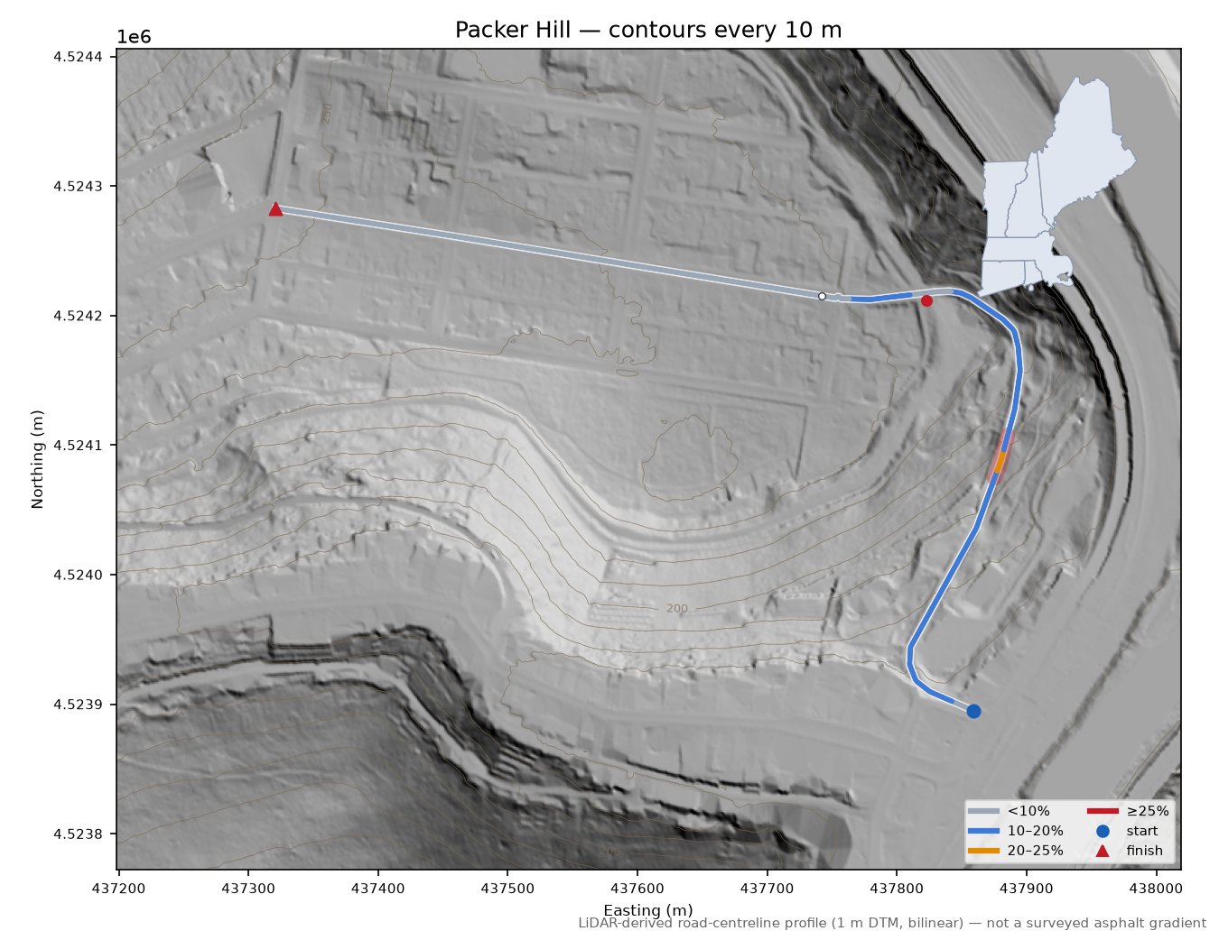 Packer Hill LiDAR hillshade map with contours
