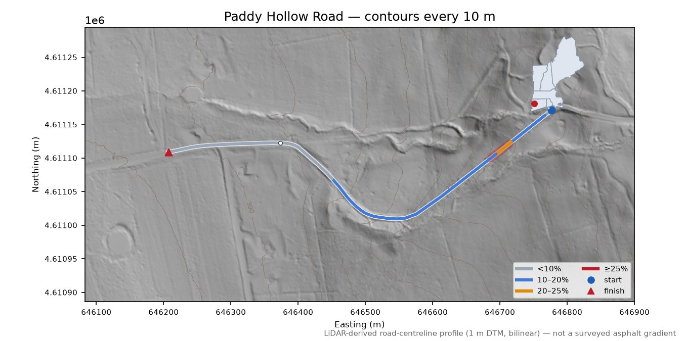 Paddy Hollow Road LiDAR hillshade map with contours