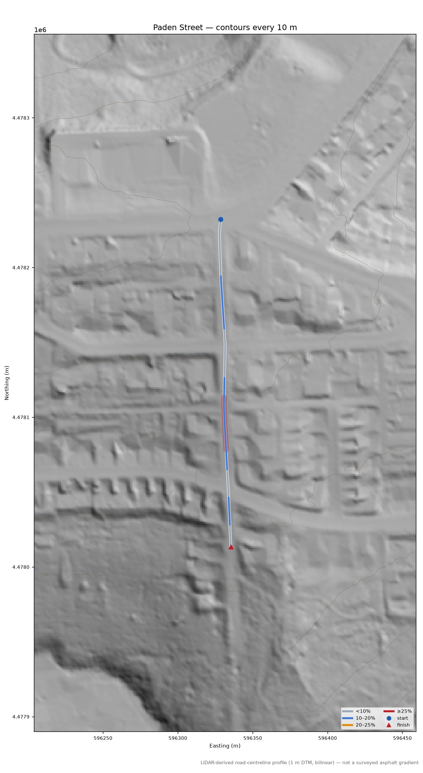 Paden Street LiDAR hillshade map with contours