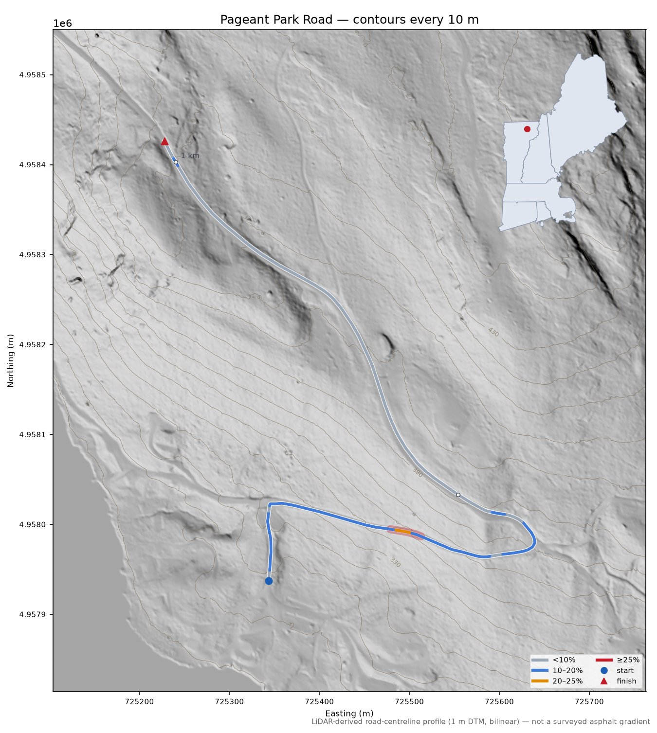 Pageant Park Road LiDAR hillshade map with contours