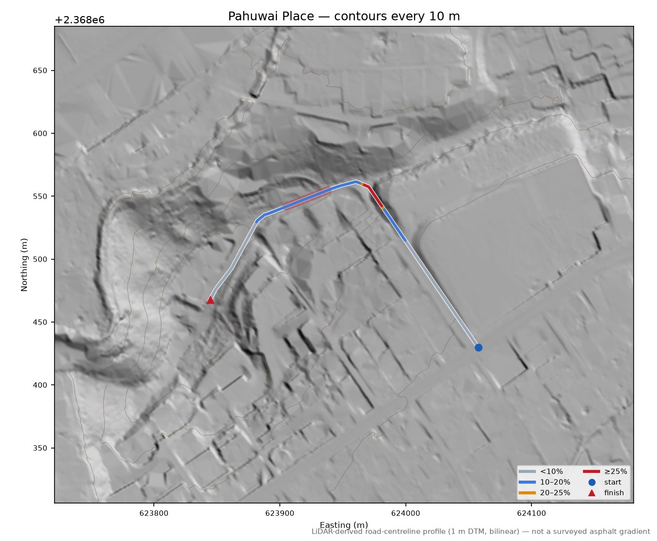 Pahuwai Place LiDAR hillshade map with contours