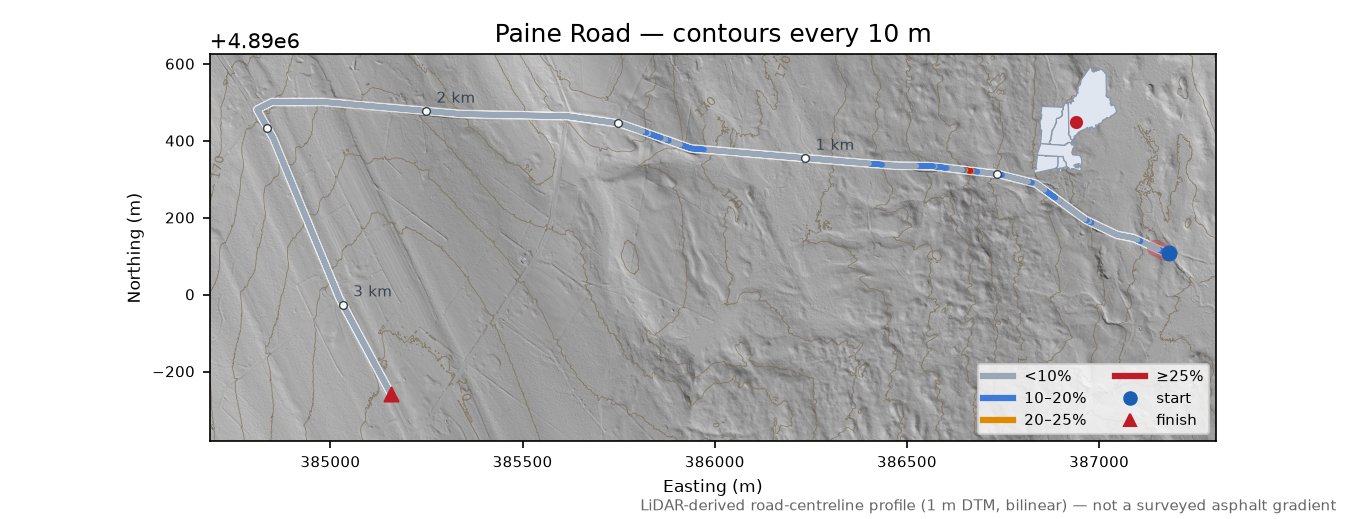 Paine Road LiDAR hillshade map with contours