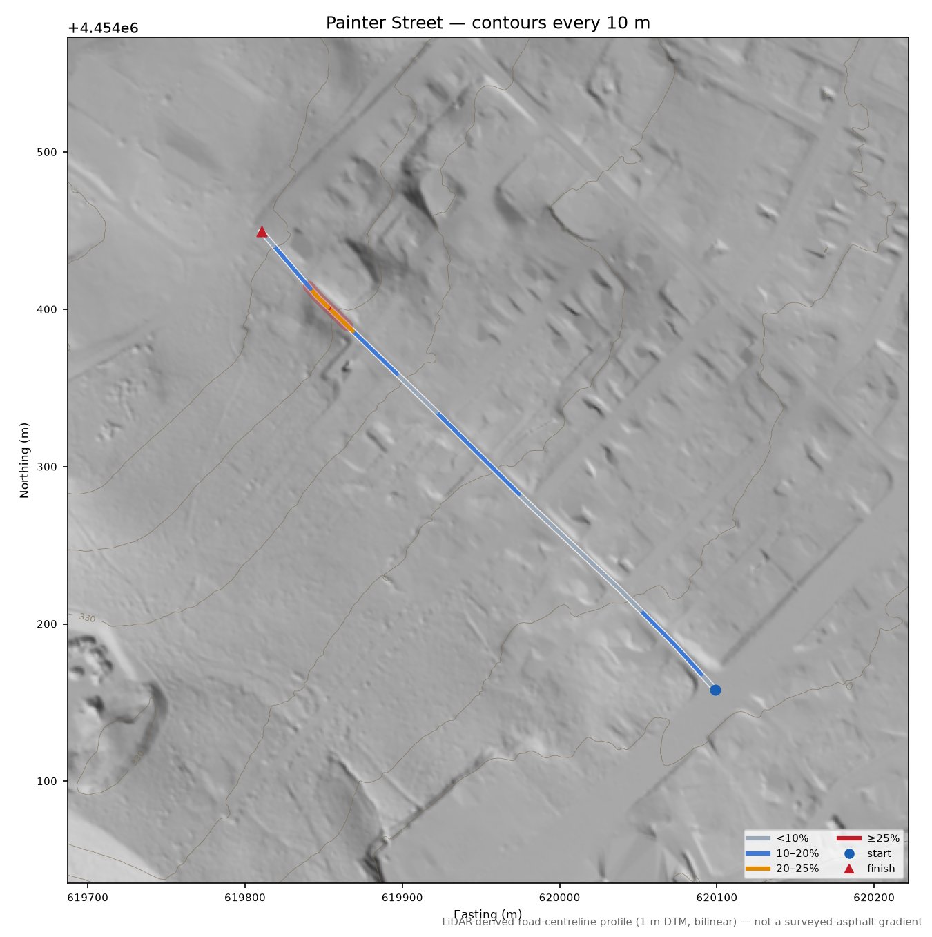 Painter Street LiDAR hillshade map with contours