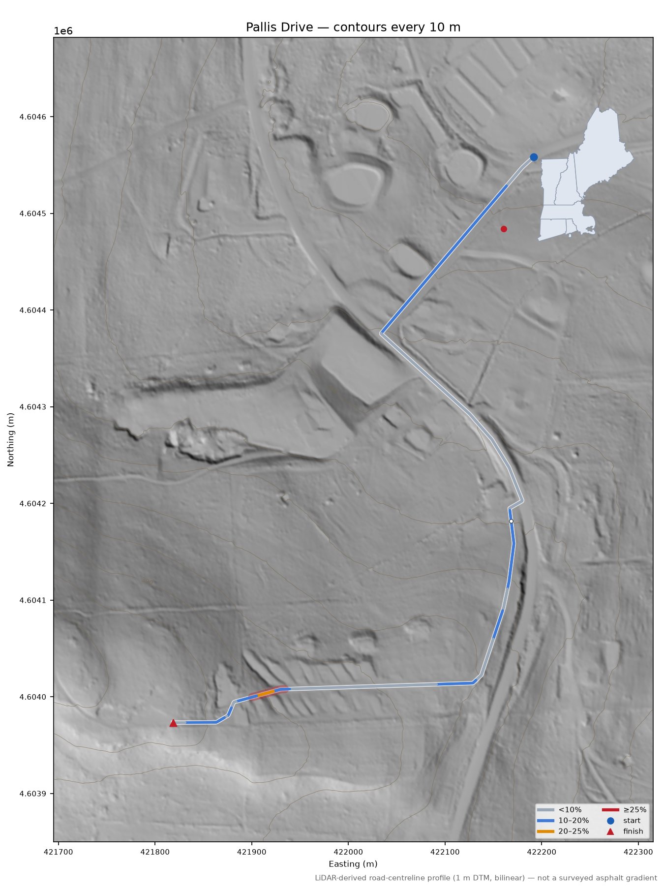Pallis Drive LiDAR hillshade map with contours