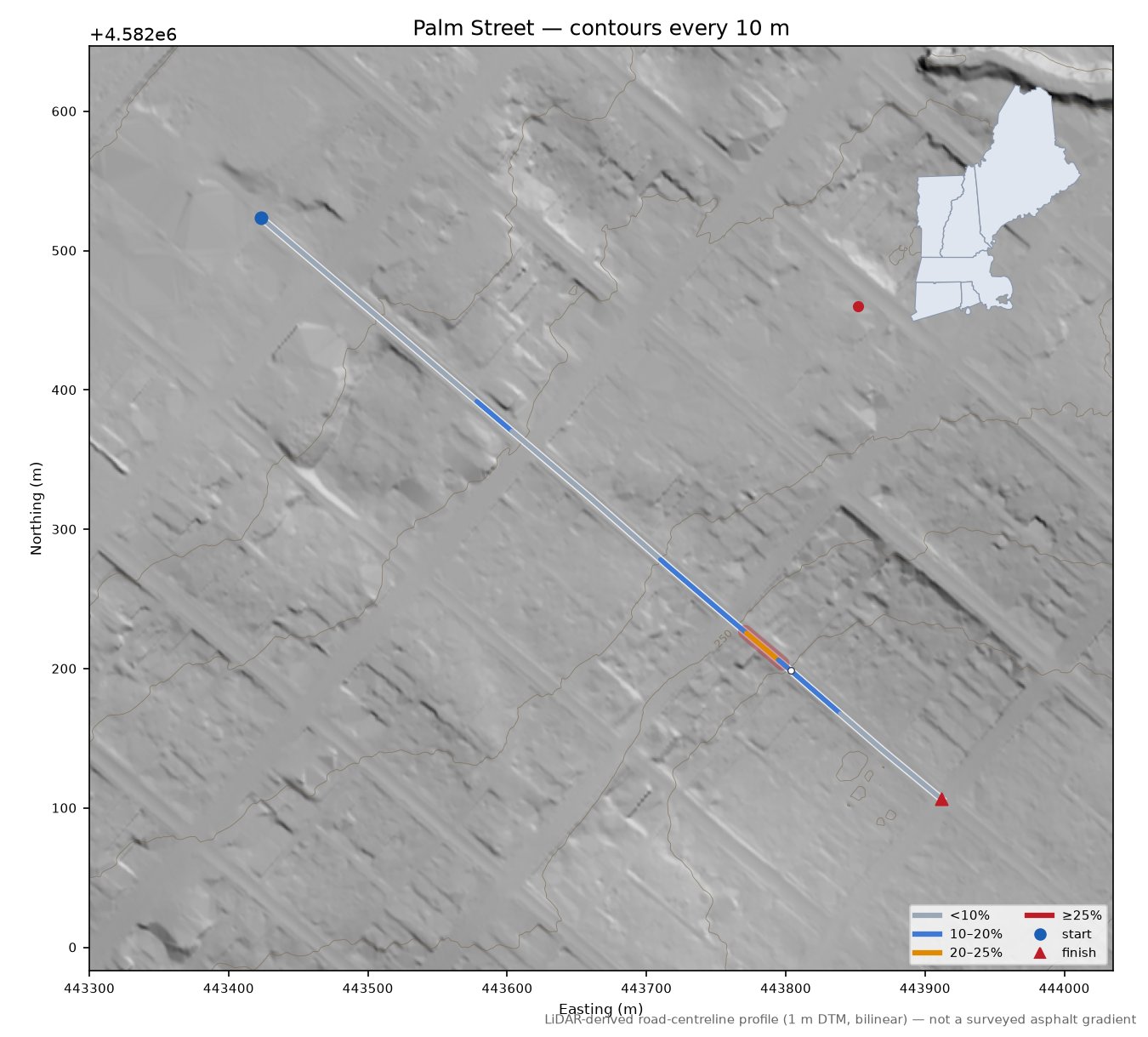 Palm Street LiDAR hillshade map with contours