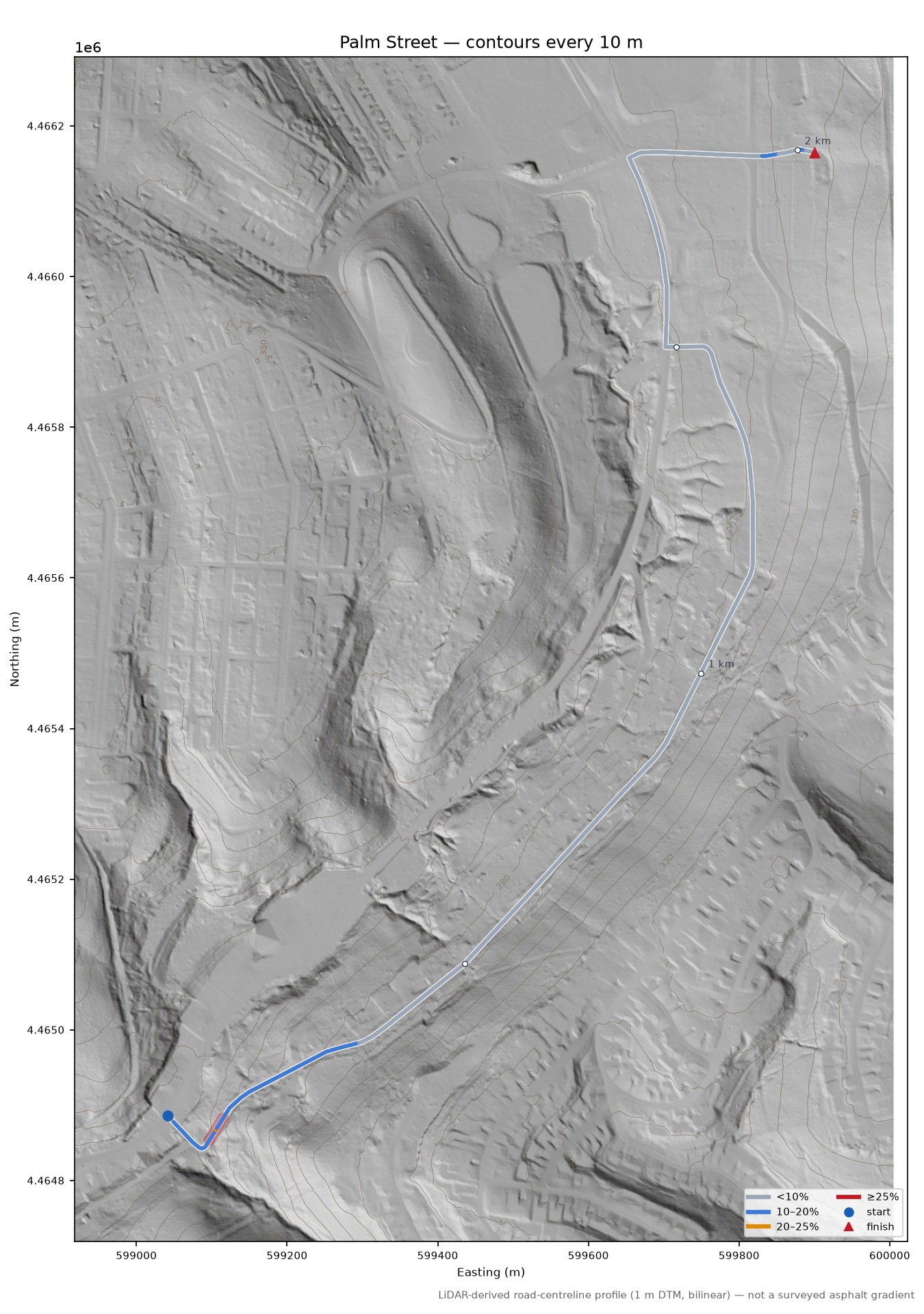 Palm Street LiDAR hillshade map with contours