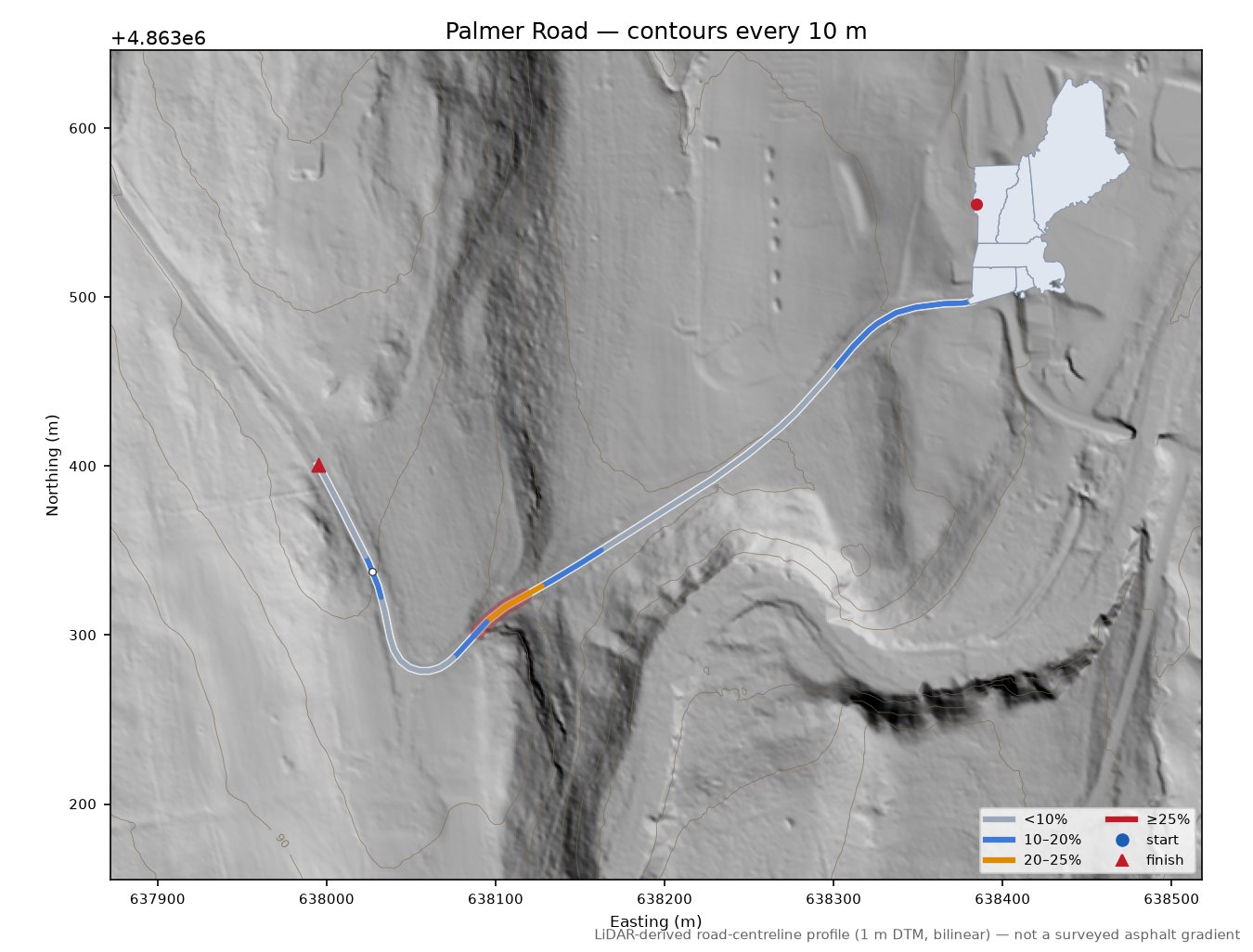 Palmer Road LiDAR hillshade map with contours