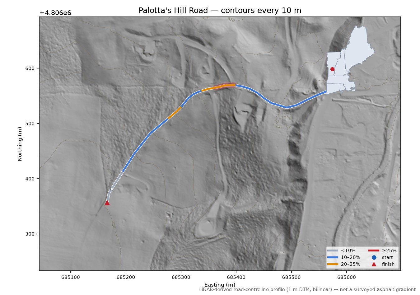 Palotta's Hill Road LiDAR hillshade map with contours