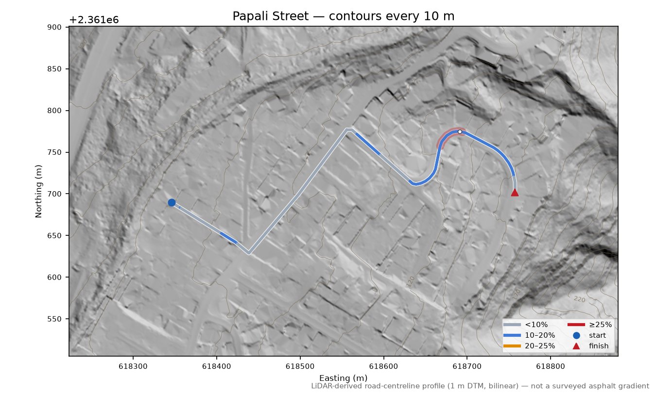 Papali Street LiDAR hillshade map with contours