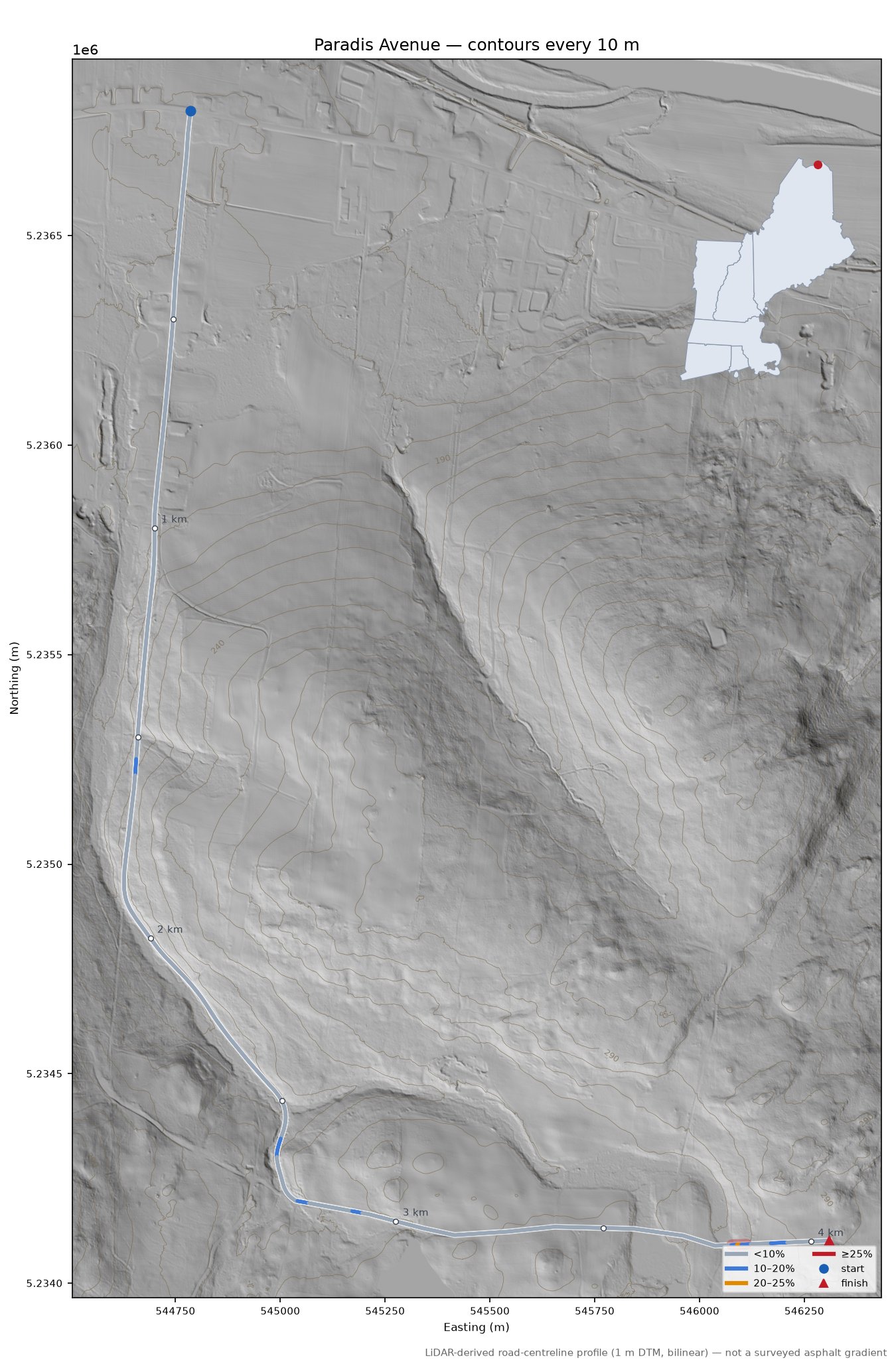 Paradis Avenue LiDAR hillshade map with contours