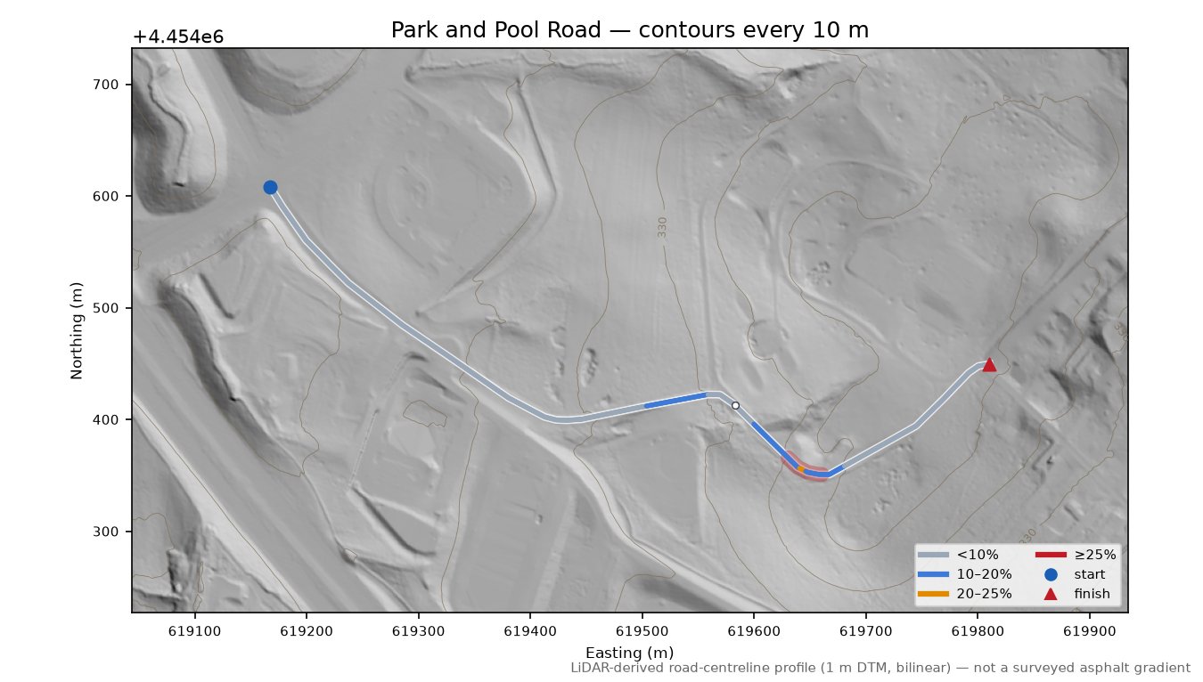 Park and Pool Road LiDAR hillshade map with contours
