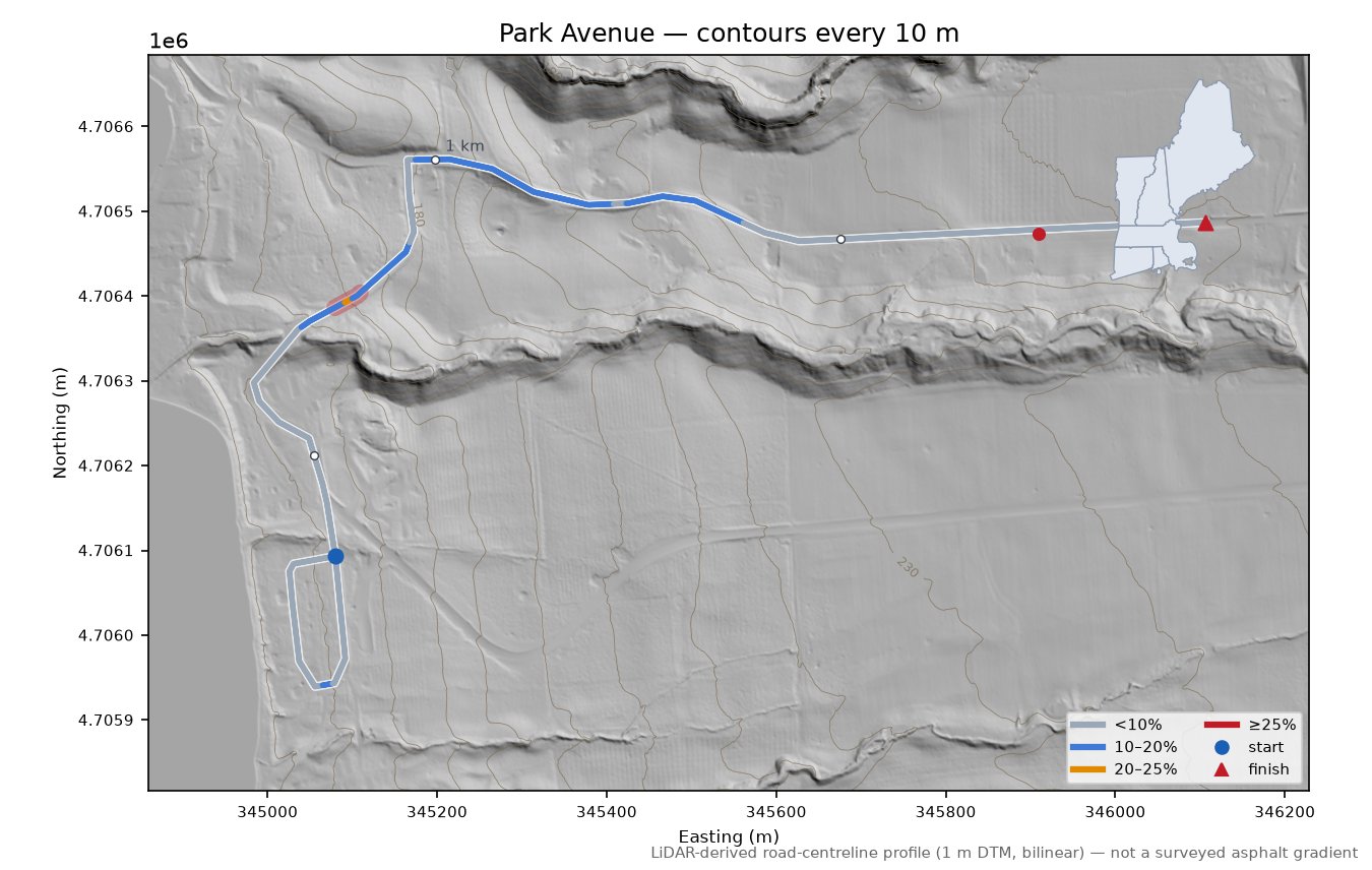 Park Avenue LiDAR hillshade map with contours