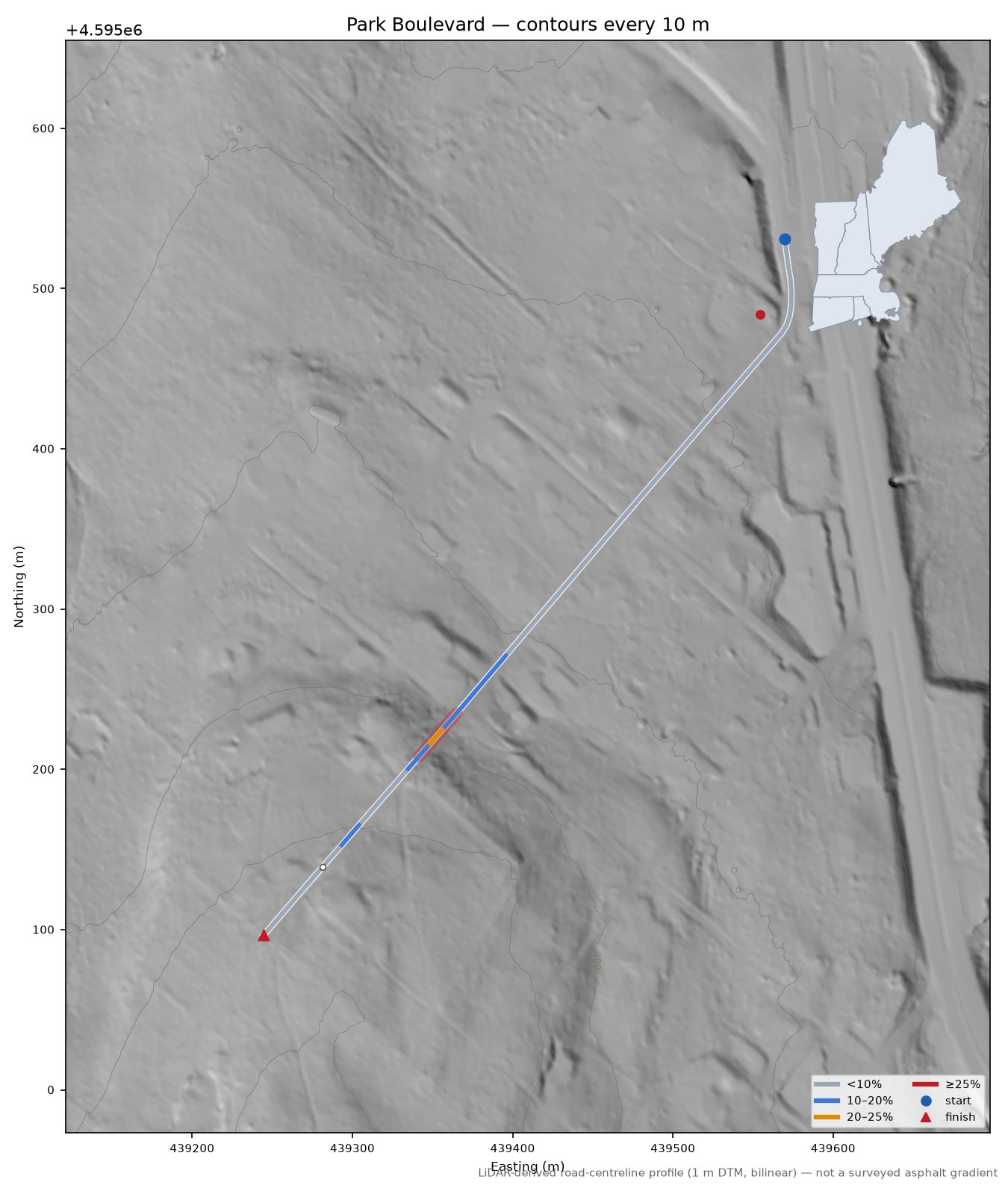 Park Boulevard LiDAR hillshade map with contours