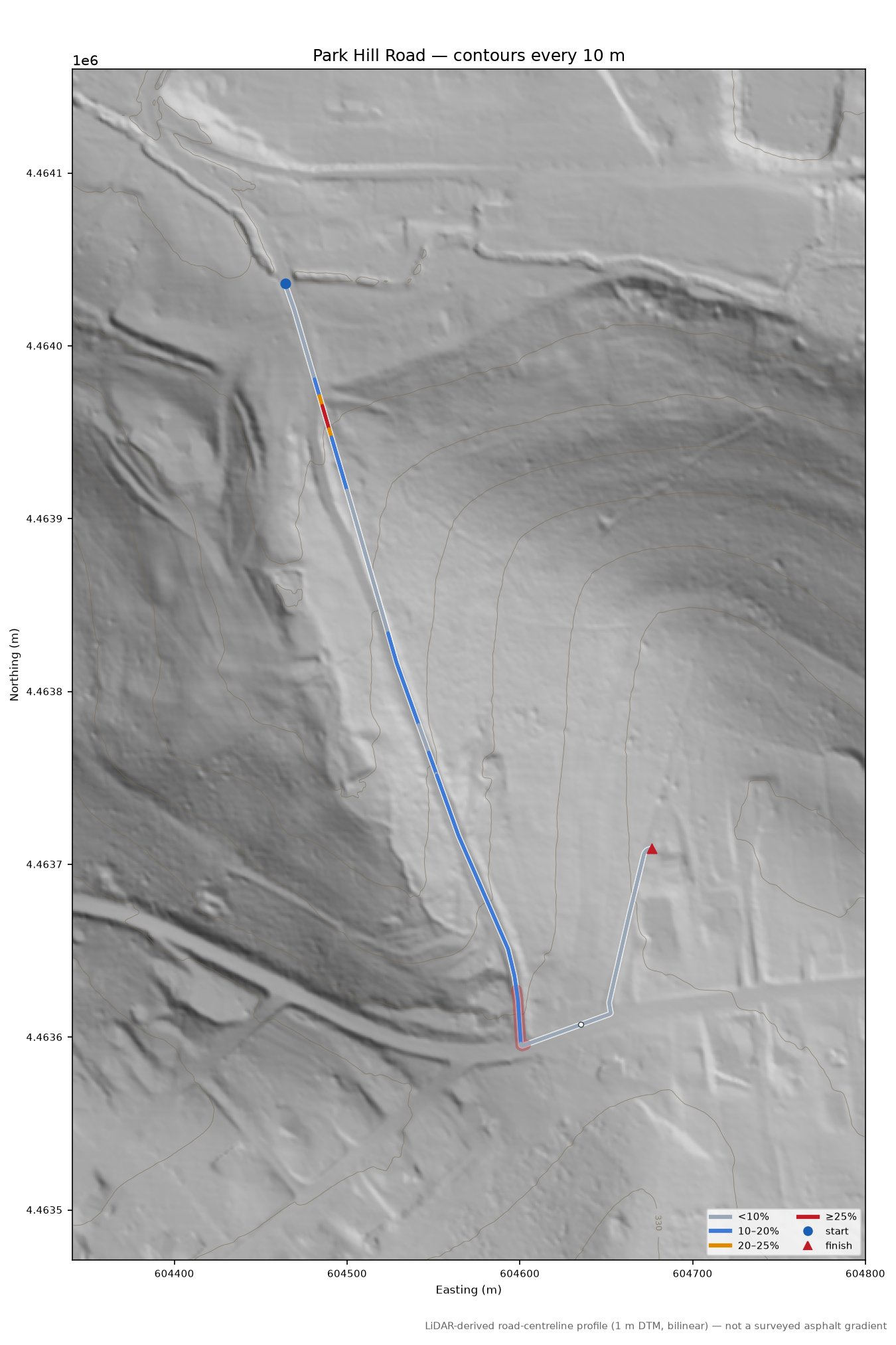 Park Hill Road LiDAR hillshade map with contours