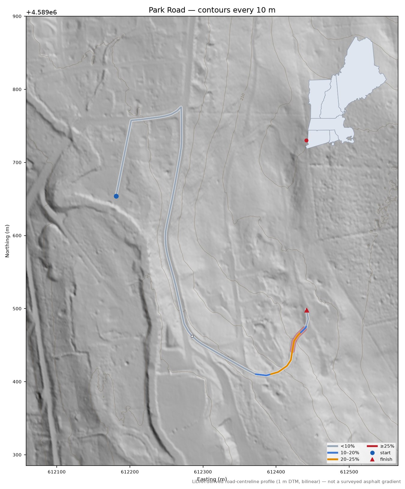 Park Road LiDAR hillshade map with contours
