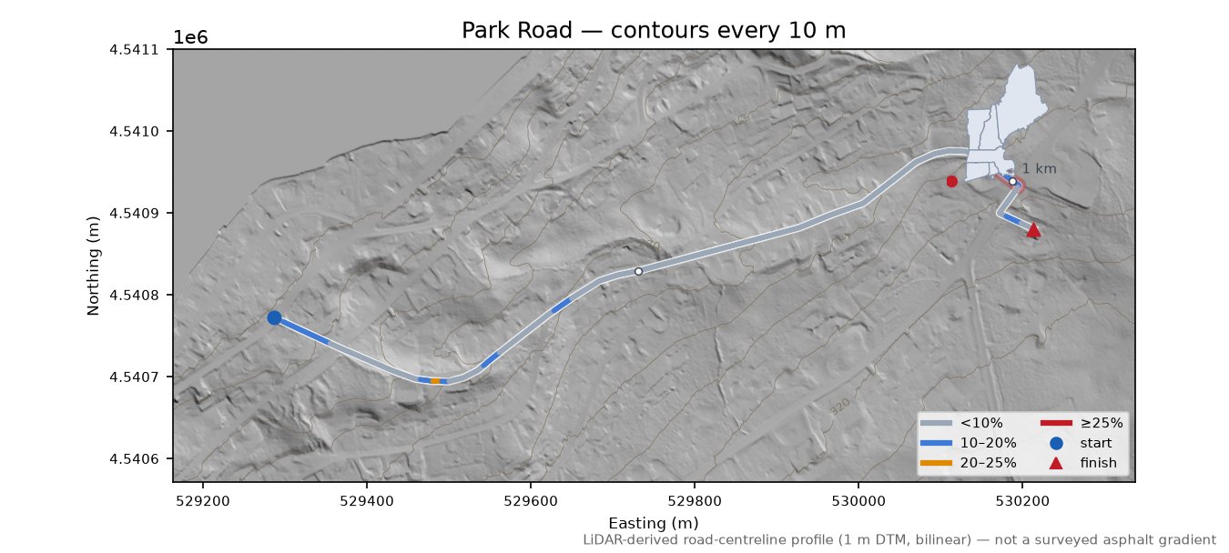 Park Road LiDAR hillshade map with contours