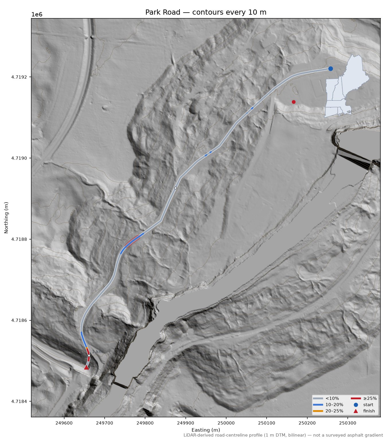 Park Road LiDAR hillshade map with contours