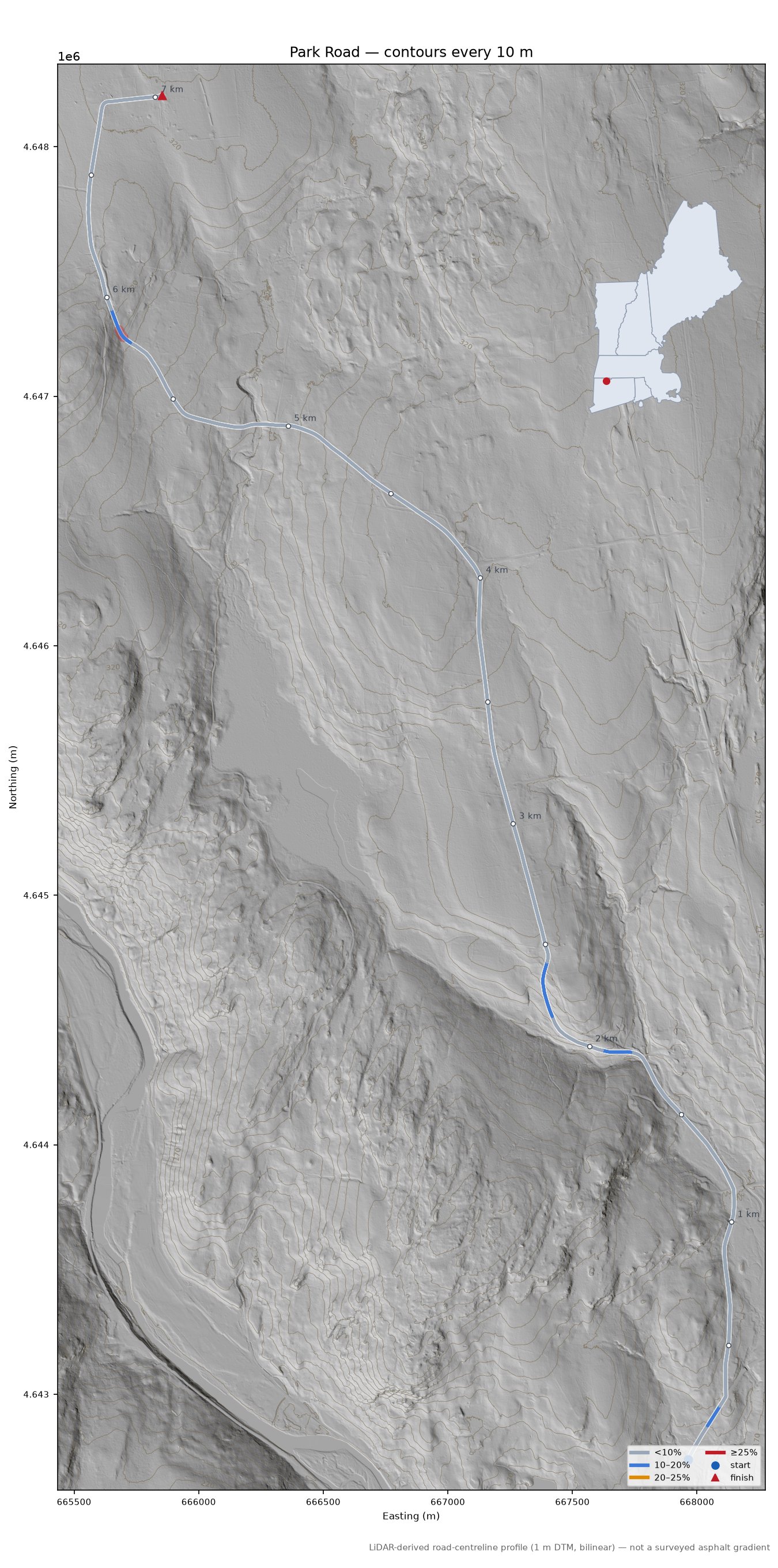 Park Road LiDAR hillshade map with contours