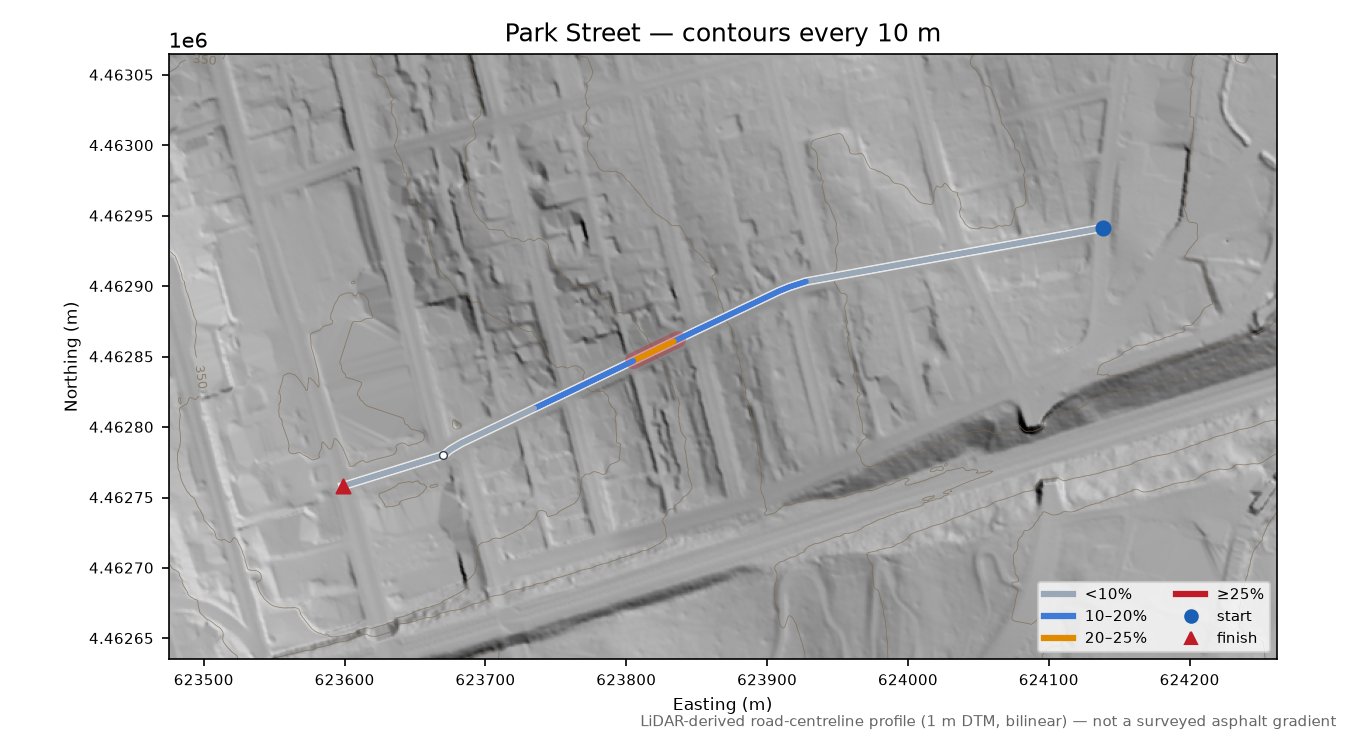 Park Street LiDAR hillshade map with contours