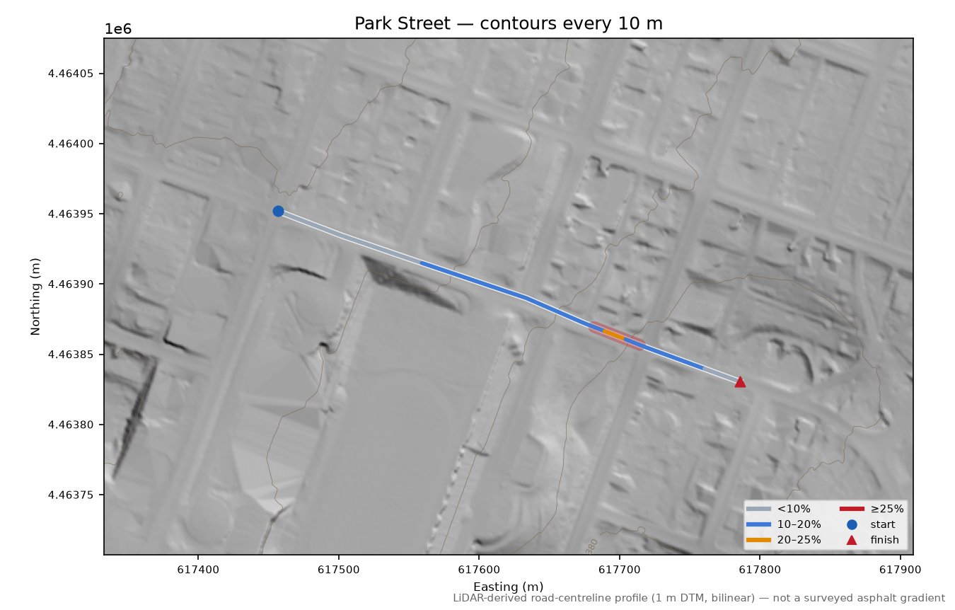 Park Street LiDAR hillshade map with contours