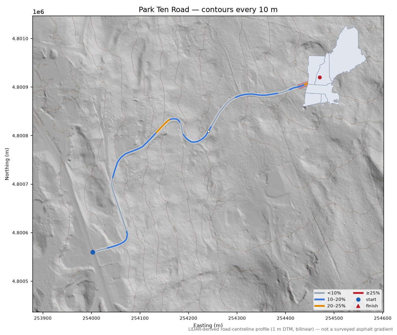 Park Ten Road LiDAR hillshade map with contours