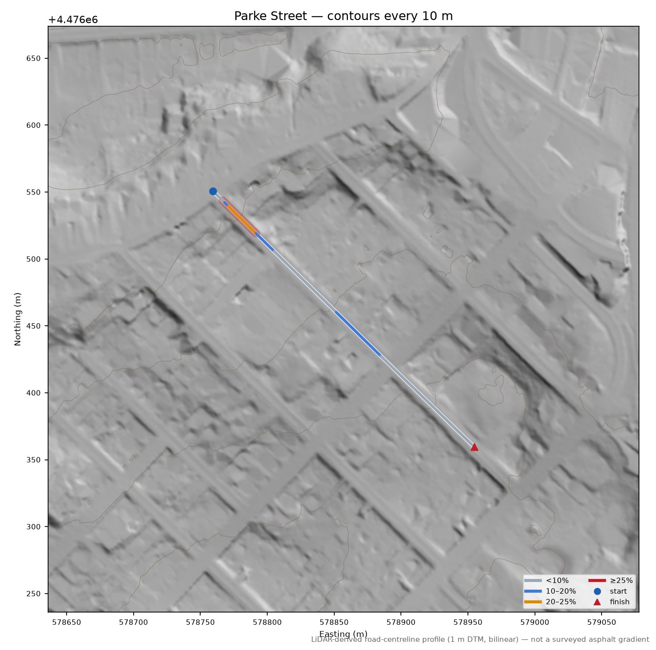 Parke Street LiDAR hillshade map with contours