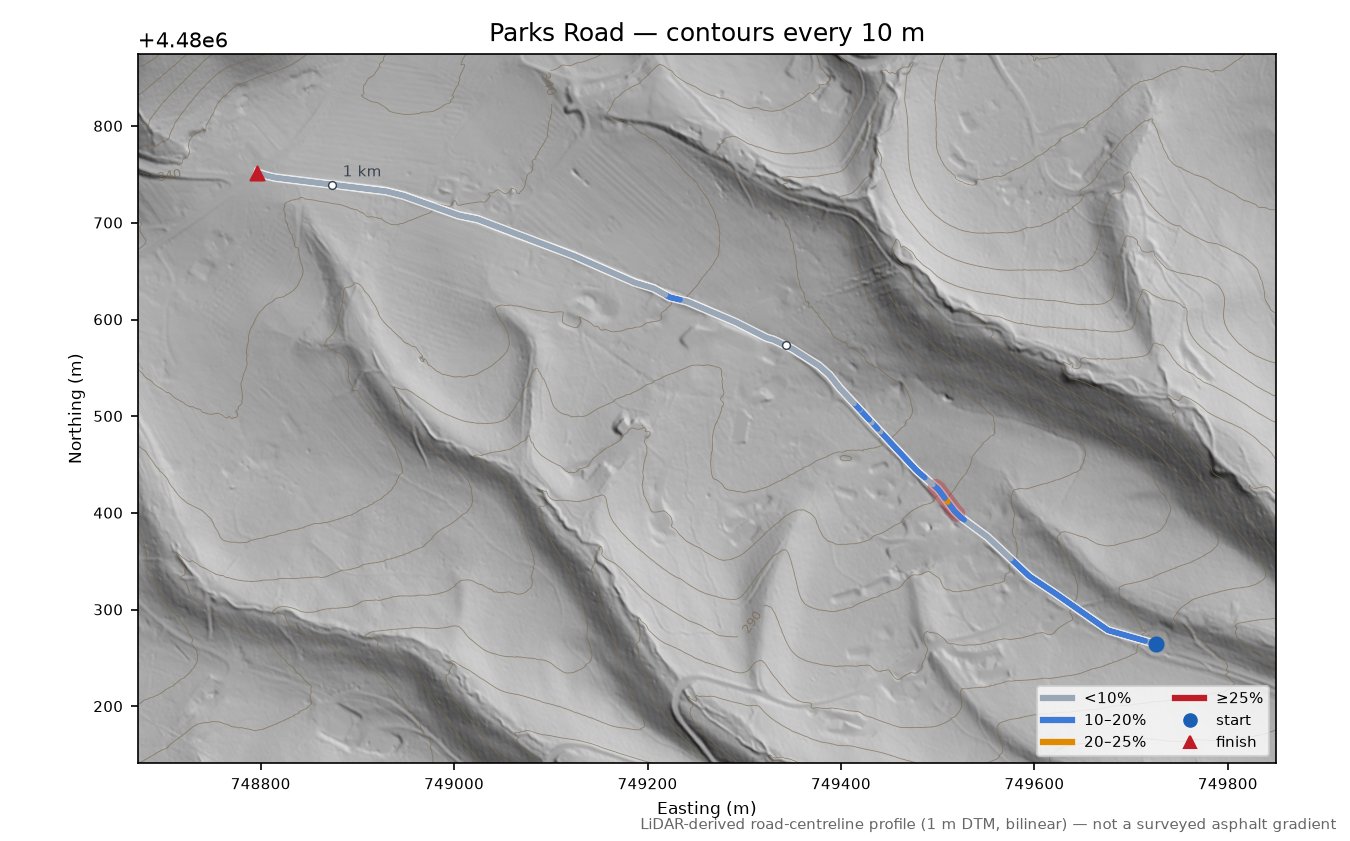 Parks Road LiDAR hillshade map with contours