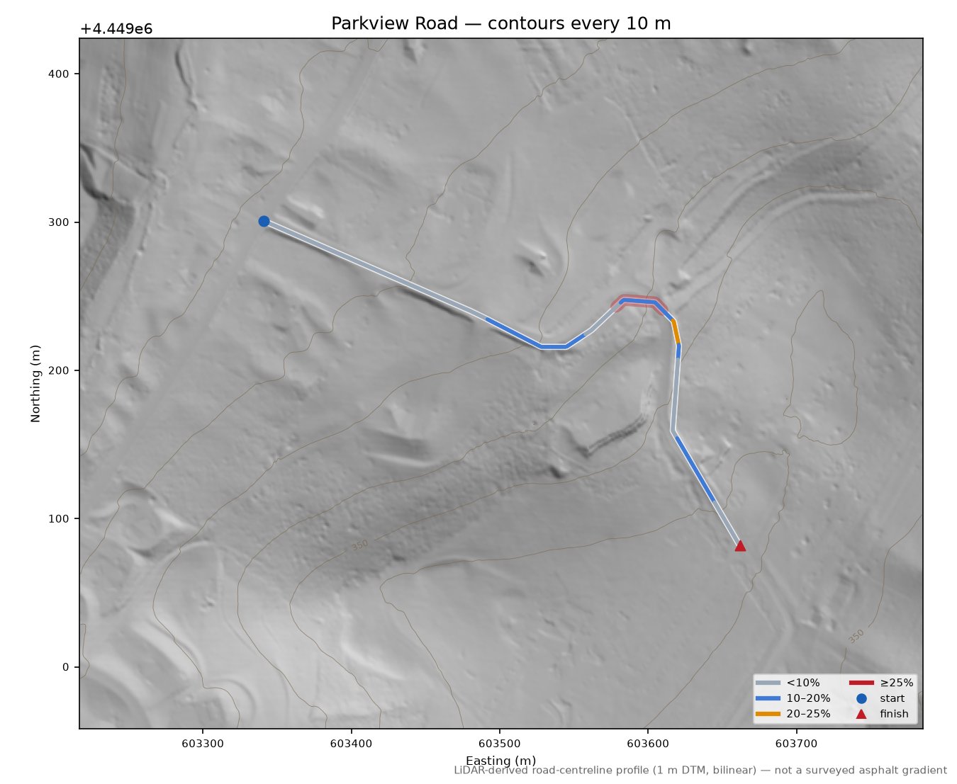 Parkview Road LiDAR hillshade map with contours