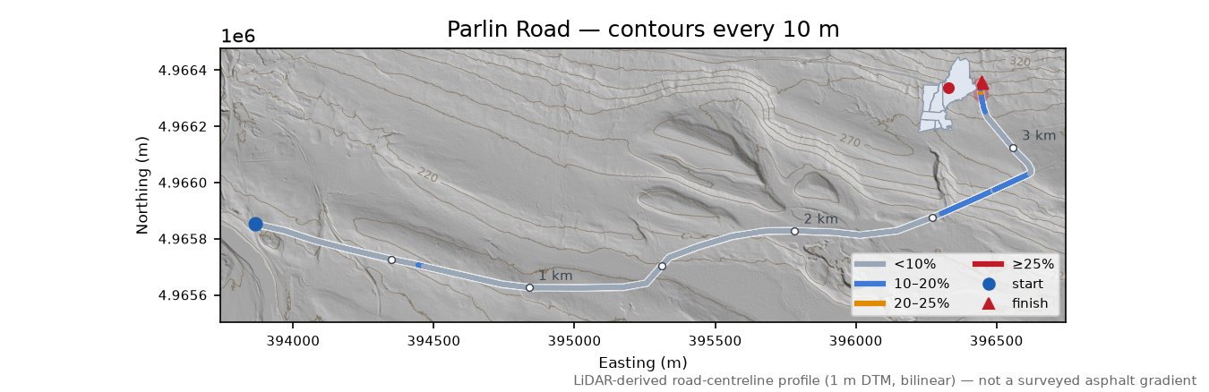 Parlin Road LiDAR hillshade map with contours