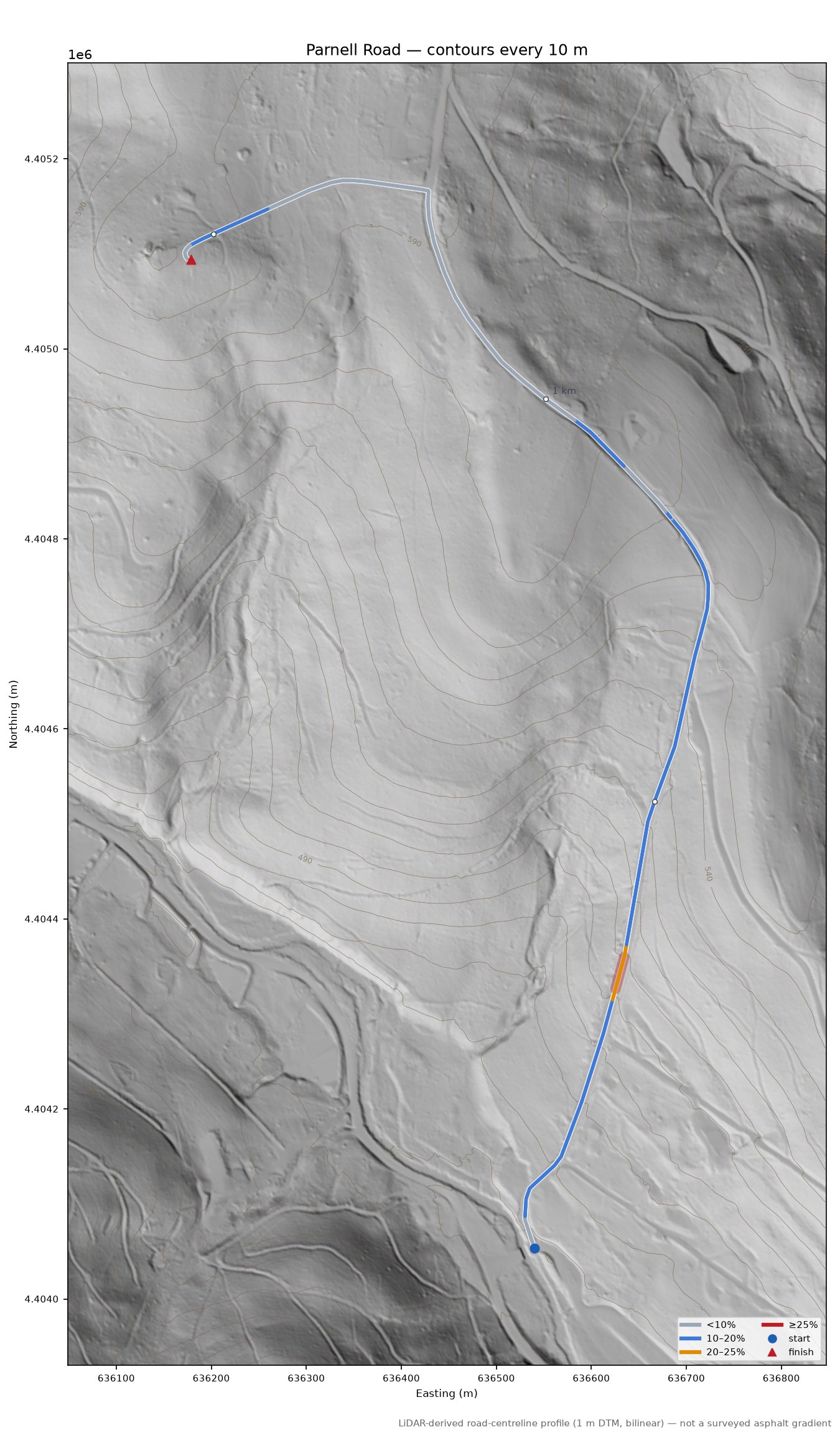 Parnell Road LiDAR hillshade map with contours