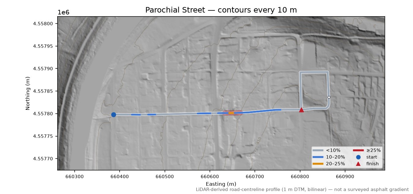Parochial Street LiDAR hillshade map with contours