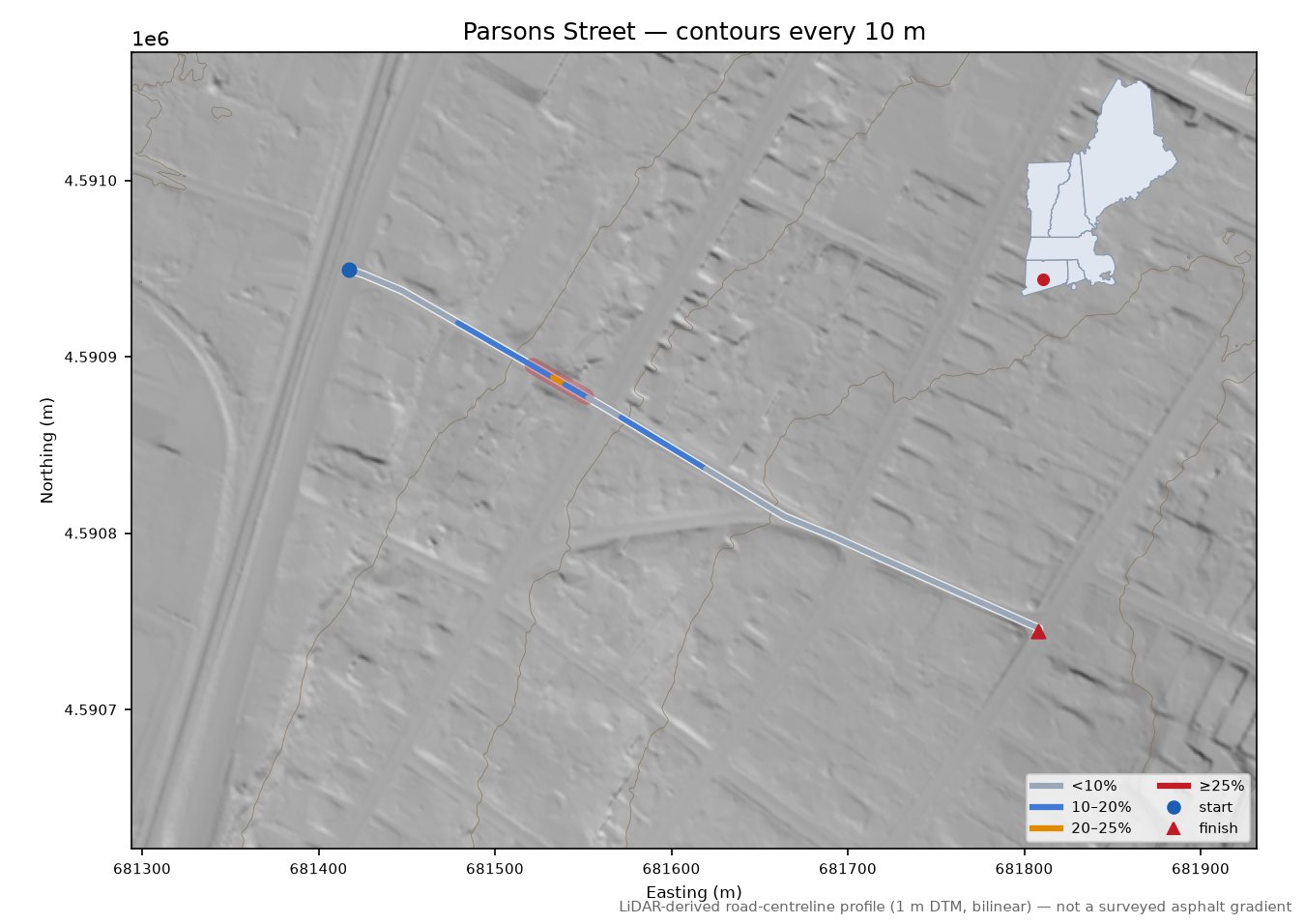 Parsons Street LiDAR hillshade map with contours