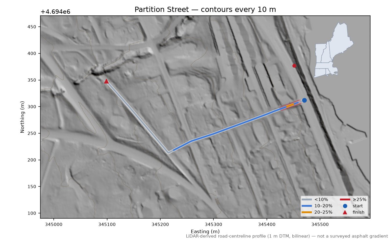 Partition Street LiDAR hillshade map with contours