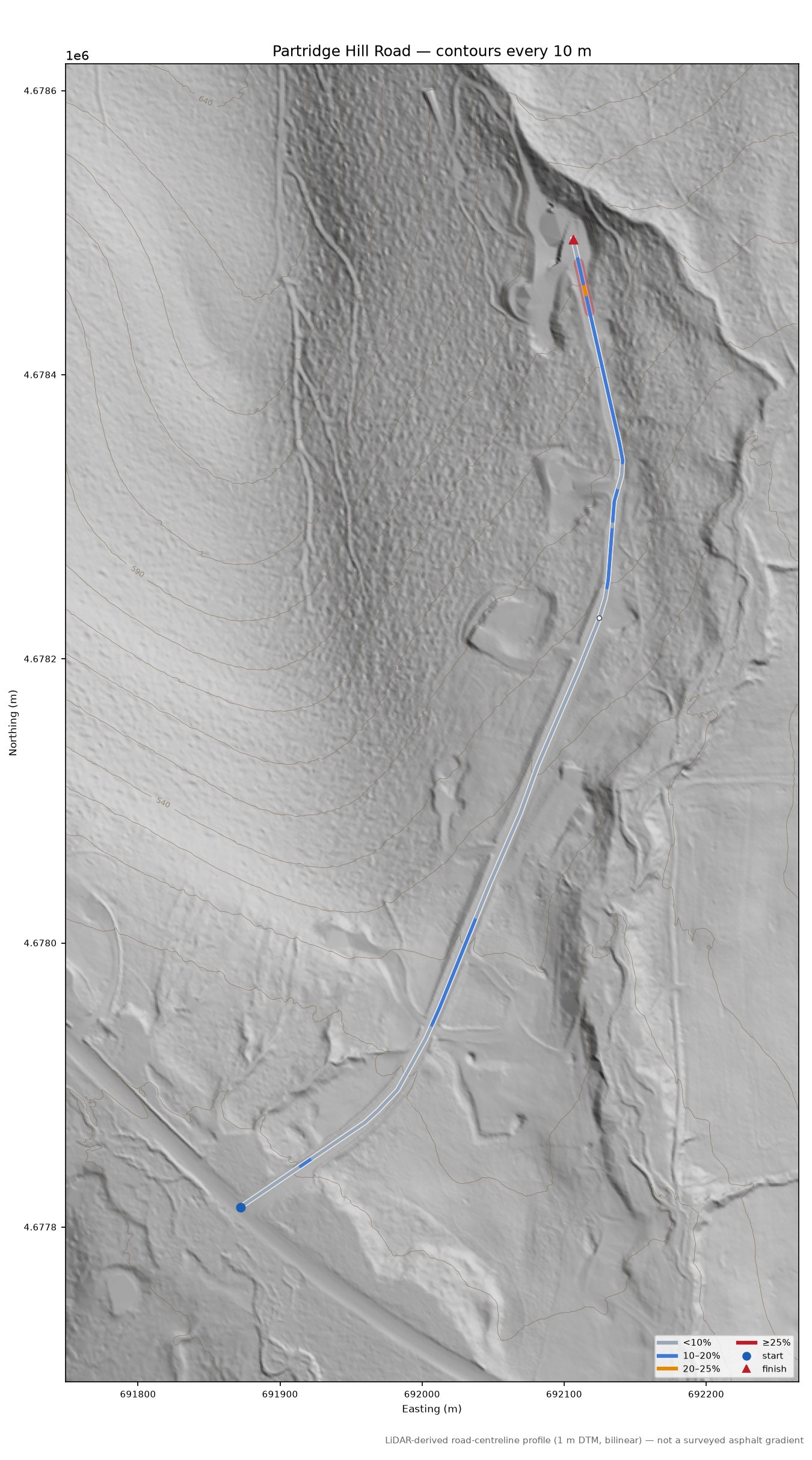 Partridge Hill Road LiDAR hillshade map with contours