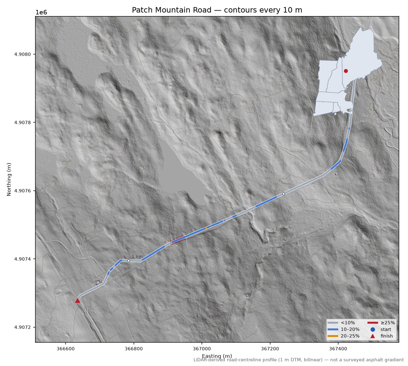 Patch Mountain Road LiDAR hillshade map with contours