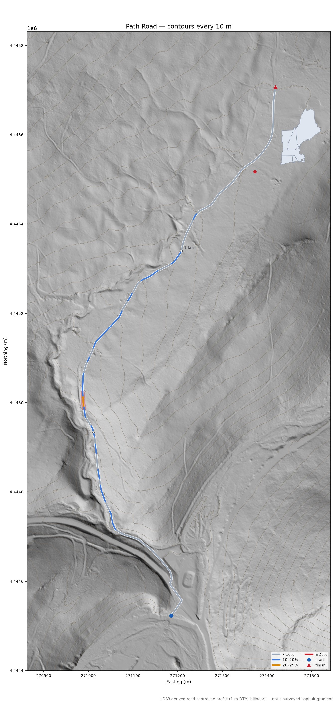 Path Road LiDAR hillshade map with contours
