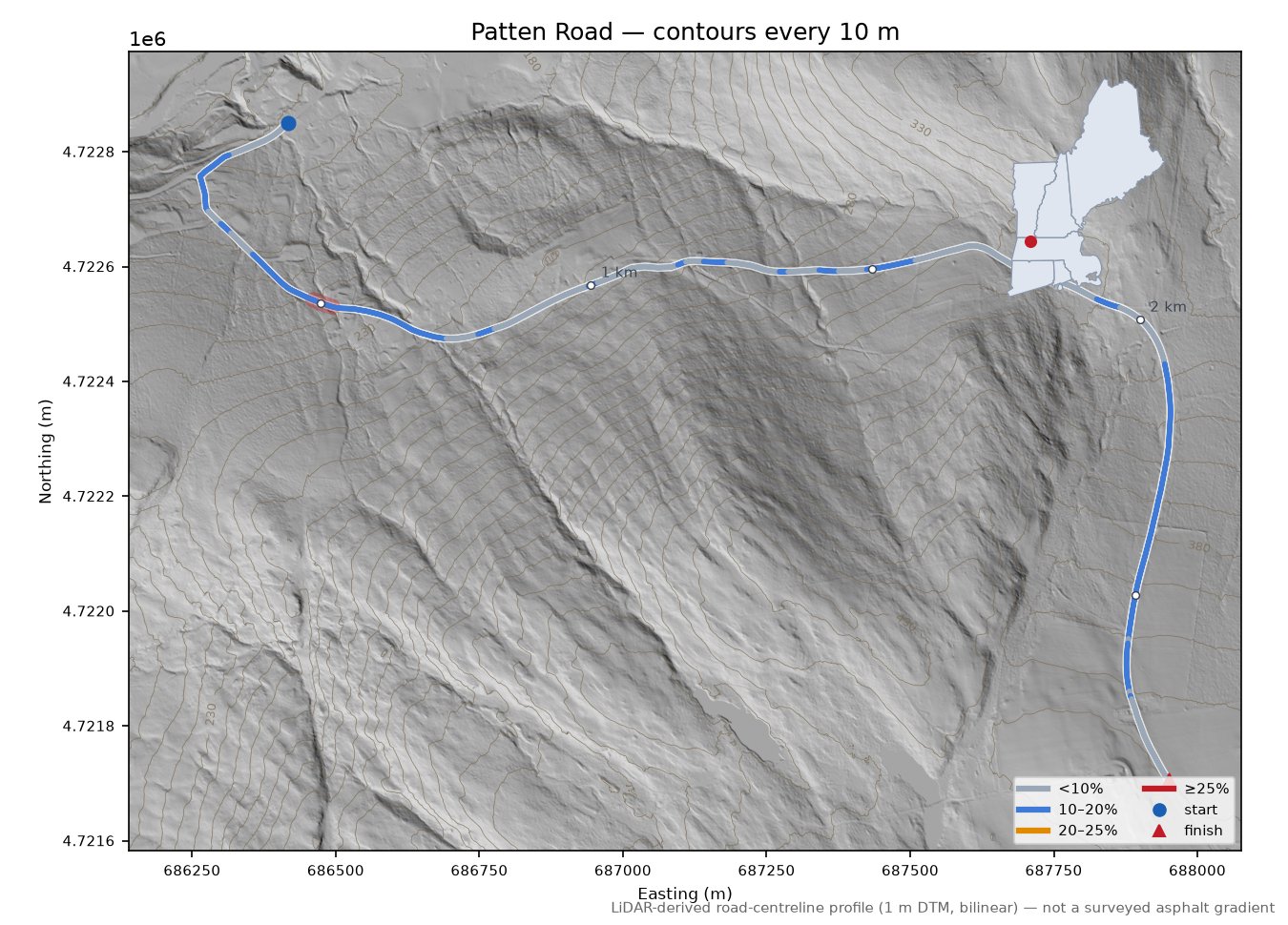 Patten Road LiDAR hillshade map with contours