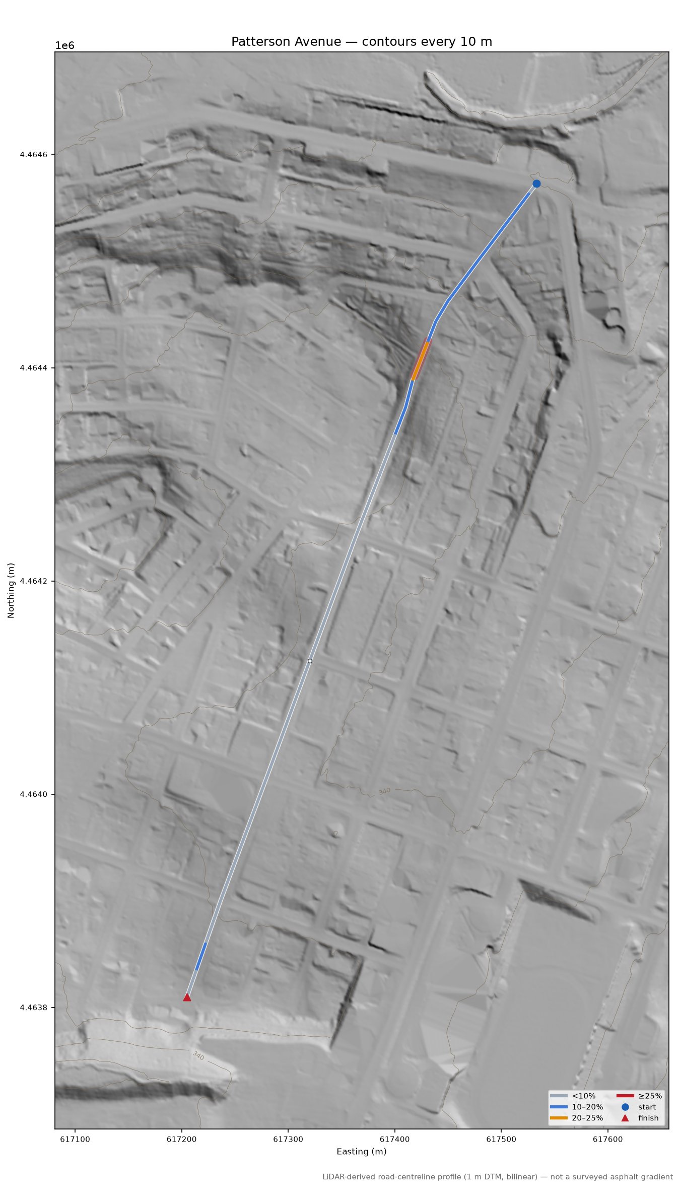 Patterson Avenue LiDAR hillshade map with contours